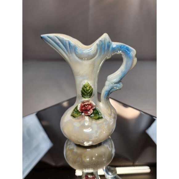 Vintage Lusterware Pitcher Blue & White Pearlescent Iridescent Beautiful Rose - Picture 1 of 7